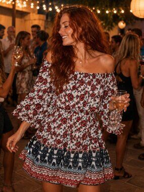 Hint of Blush Dress M Off Shoulder Floral Boho Mini Lined Ruffle Sleeve Flowy
